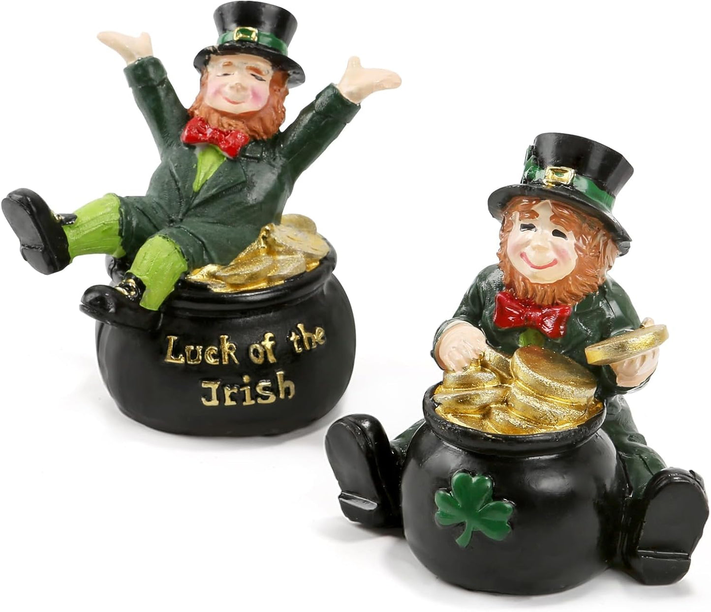 Skiennix St. Patrick's Day Decorations - Lucky Leprechaun Figurines Set of 2 | Resin Statues with Pot of Gold for Home Decor