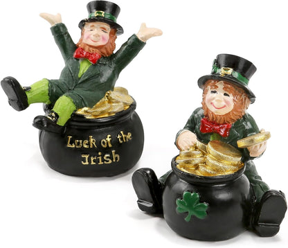 Skiennix St. Patrick's Day Decorations - Lucky Leprechaun Figurines Set of 2 | Resin Statues with Pot of Gold for Home Decor