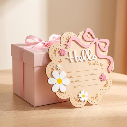 Wooden World Newborn Sign with Pink Bow – 6 Inch Baby Announcement Cloud Plaque