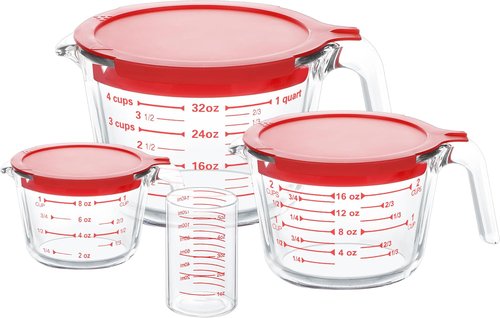 KOMUEE Glass Measuring Cups Set - 4-Piece Liquid Measuring Cups with Lids | 5 Oz, 1-Cup, 2-Cup, 4-Cup