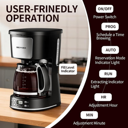Skiennix 12-Cup Drip Coffee Maker - Programmable, Reusable Filter, Compact Design | Silver & Black