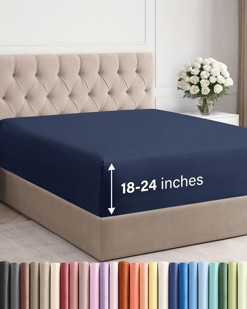 Extra Deep Queen Fitted Sheet - Hotel Luxury Single Fitted Sheet Only - Easily Fits 18 inch to 24 inch Mattress - Ultra Soft, Wrinkle & Fade Free w/Extra Deep Pockets - Breathable & Comfy - Navy Blue