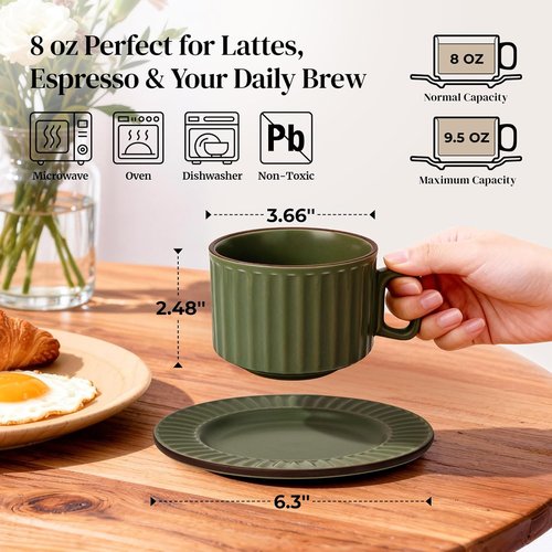 DOWAN Cappuccino Cup Set - 8 OZ Ceramic Coffee Mugs with Saucers | Elegant Ribbed Stoneware for Home & Café