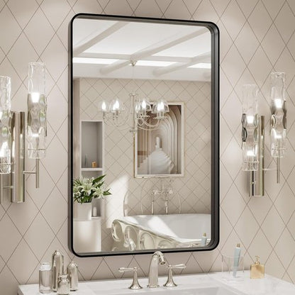 LOAAO Black Metal Framed Bathroom Mirror - Large Rounded Rectangle, Anti-Rust, 20x30 Inch | Hangs Horizontally or Vertically