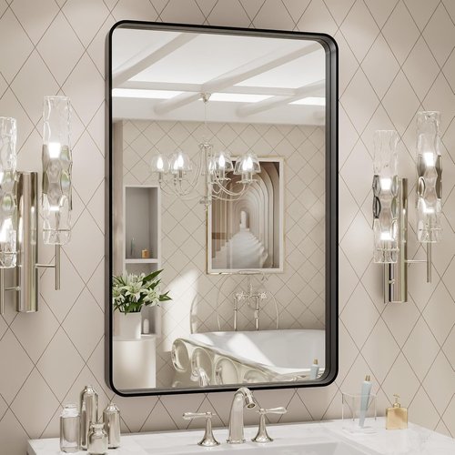 LOAAO Black Metal Framed Bathroom Mirror - 20x28 Inch, Anti-Rust, Versatile Horizontal/Vertical Hangs