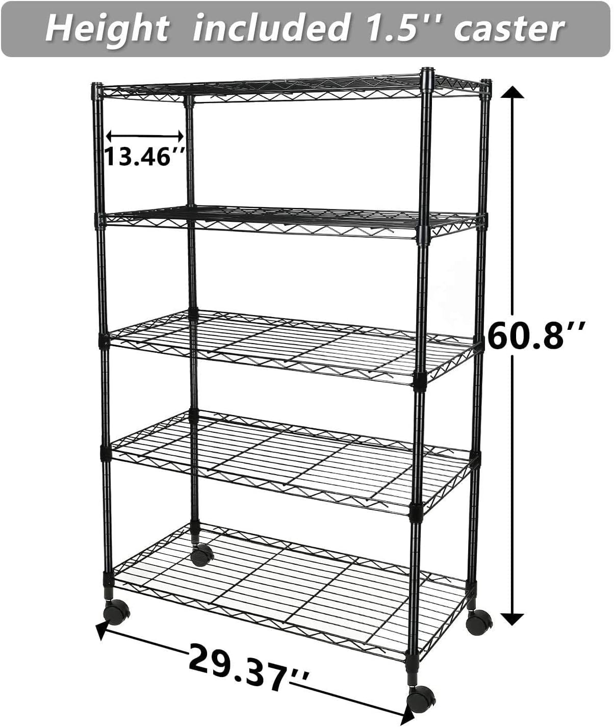 Simple Deluxe Heavy Duty 5-Shelf Storage Shelving Unit - 1250lbs Capacity | 29.92" D x 13.98" W x 61.09" H, Black