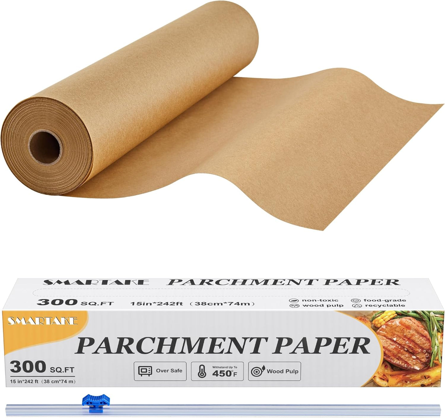SMARTAKE Parchment Paper Roll - Non-Stick Baking Sheets with Slide Cutter | 15" x 242 ft, Heavy Duty Unbleached