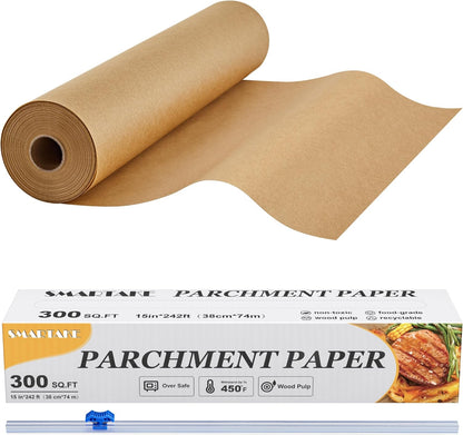 SMARTAKE Parchment Paper Roll - Non-Stick Baking Sheets with Slide Cutter | 15" x 242 ft, Heavy Duty Unbleached