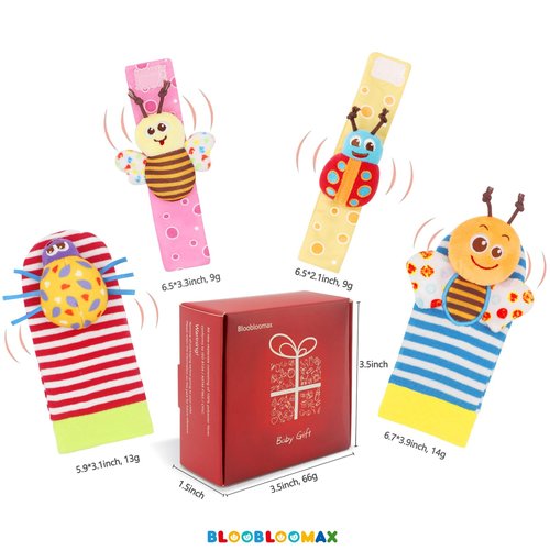 Bloobloomax Wrist Rattle Socks and Foot Finder Set, Infant Girl Boy Toys for Babies 0-36 Months, Newborn Hand & Foot Toys for 0 to 3 Years, Baby Shower Gifts Set Easter Basket Stuffer