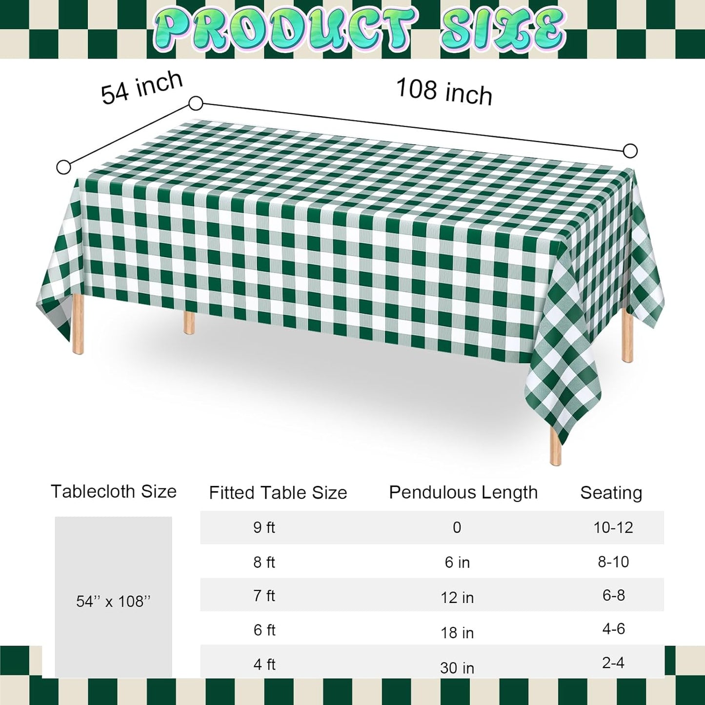 Regine Switzerland Disposable Green Gingham Tablecloths - Waterproof Checkered Design | 54" x 108" for Parties & Picnics