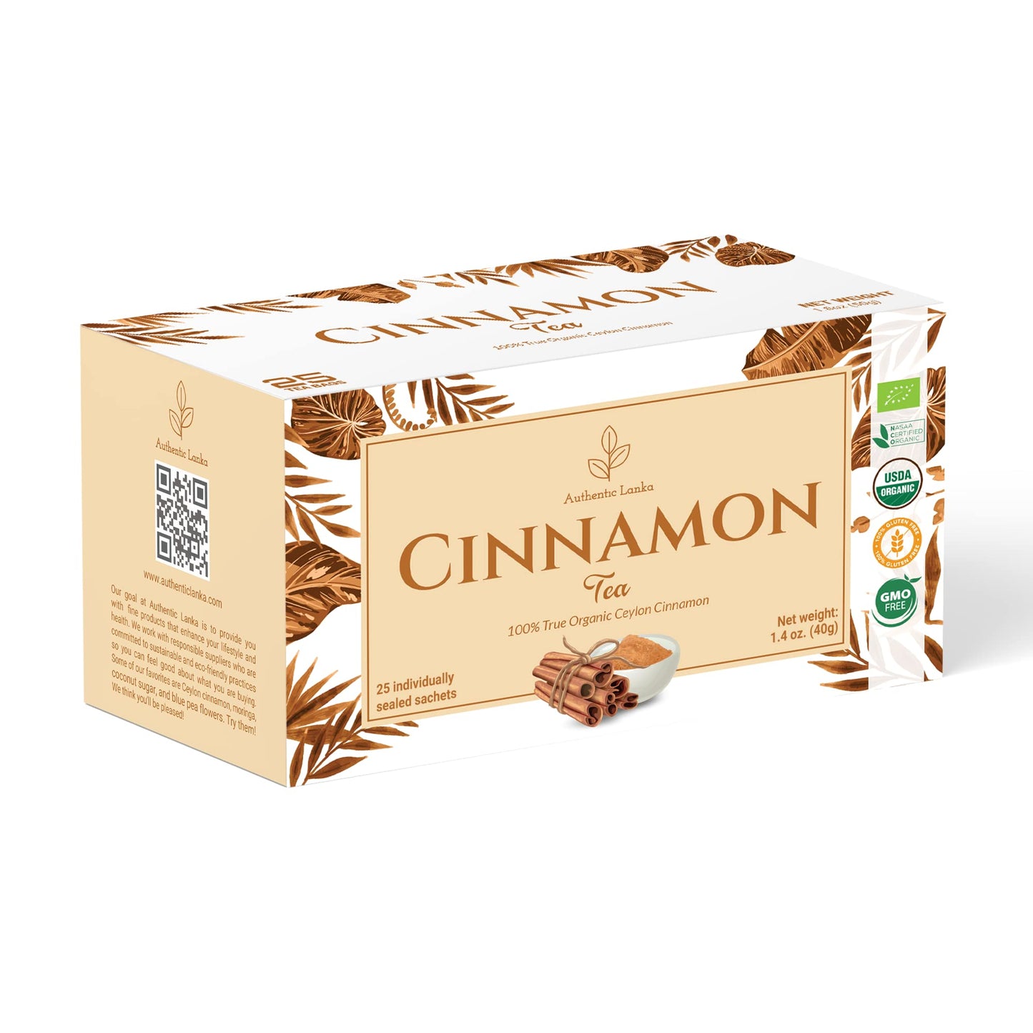 Authentic Lanka 100% True Ceylon Cinnamon Tea 25 Sachets Box - Caffeine Free, Organic Sweet Cinnamon Herbal Tea, Vegan, USDA Organic, Non GMO, Sri Lanka (Ceylon) Origin