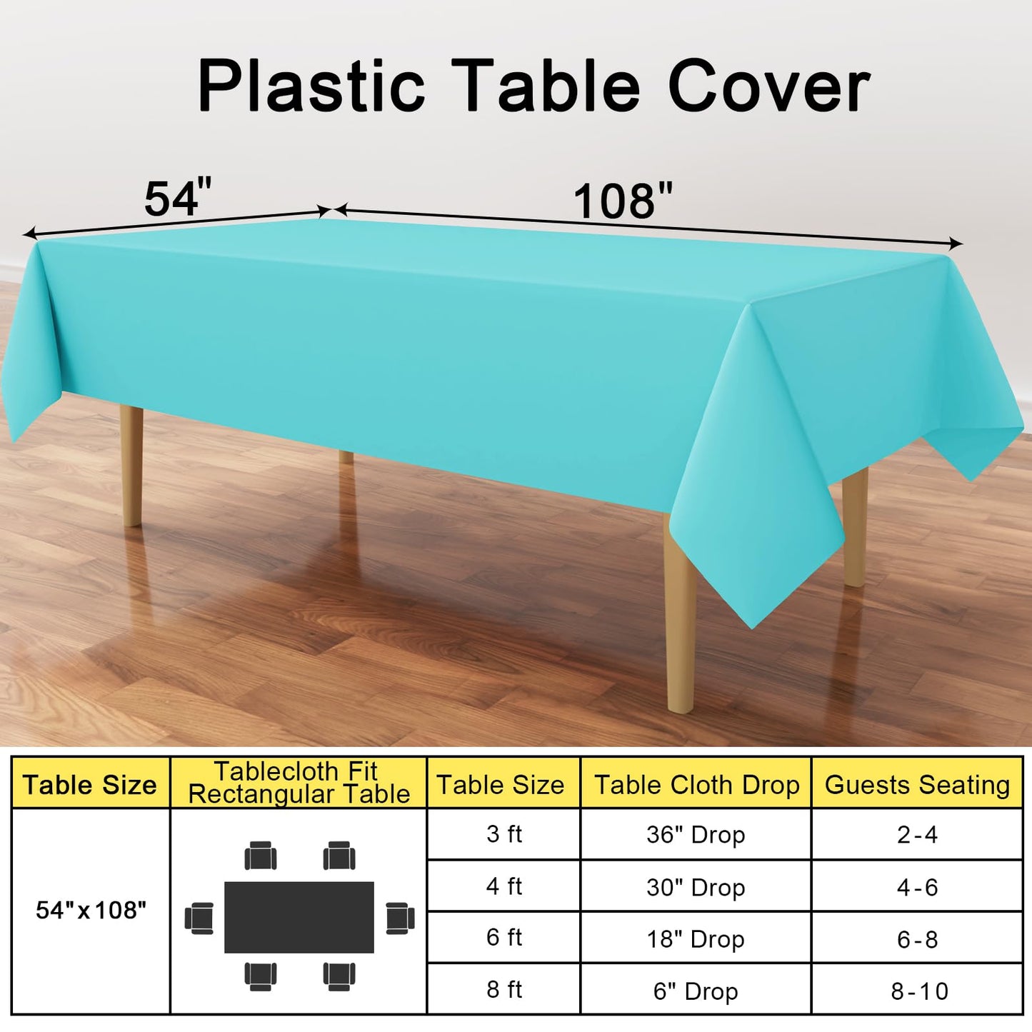 smiry Disposable Table Cloth 6 Pack, 54 x 108 Inch Table Cloths for Parties, Decorative Tablecloths for Rectangle Tables, Waterproof Plastic Table Cover, Leakproof & Sturdy, Teal