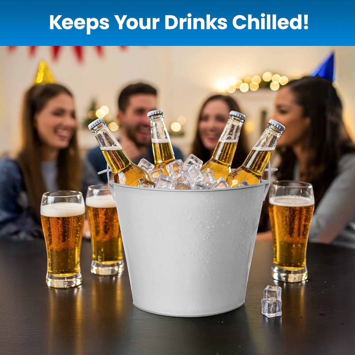 PLEXON Ice Bucket for Parties Coctail Bar Restaurant - Drink Beer Champagne Metal Pail Bucket with Handle, Beverage Chiller, 1.3 Gallon, Galvanized Steel, Gray, Set of 2