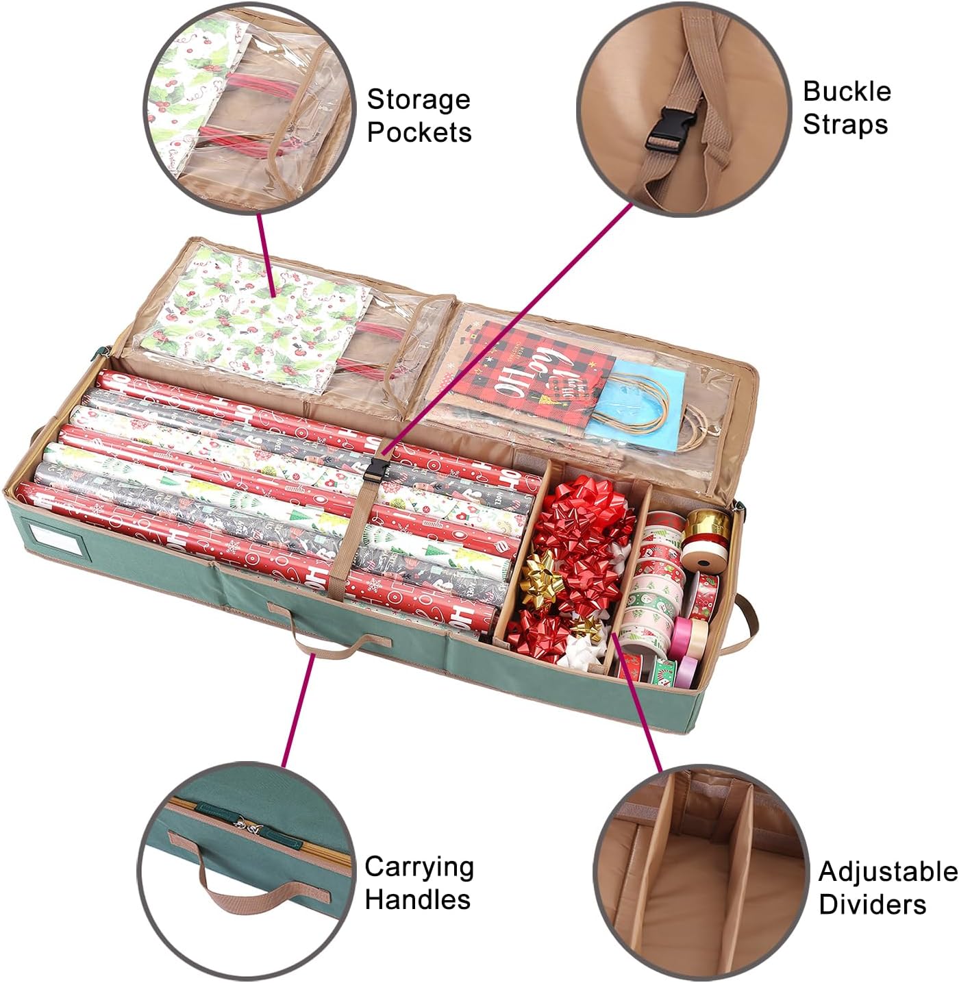 Sattiyrch Wrapping Paper Storage | Durable 600D Canvas Gift Wrap Holder | Holds Up to 20 Rolls | Green 42W x 14D x 5H