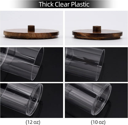 Tbestmax Qtip Holder Dispenser - 4 Pack Clear Plastic Apothecary Jars with Brown Wood Lids | 12oz & 10oz Storage