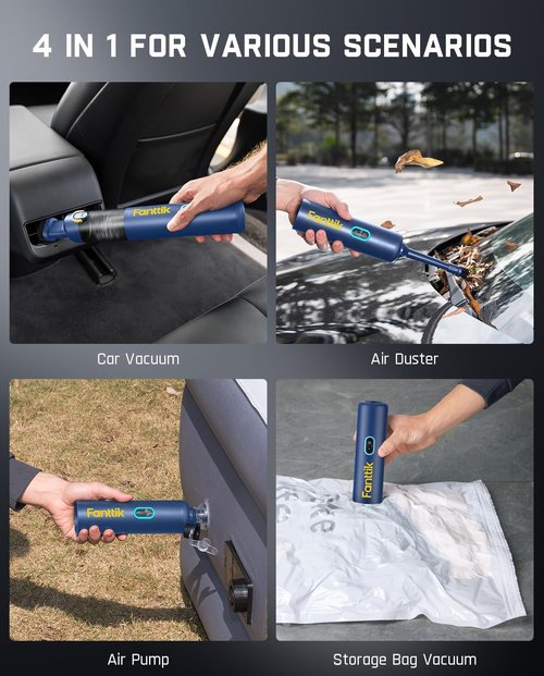 Fanttik Slim V8 APEX Car Vacuum - 4-in-1 Portable Mini Cordless Design with 19000PA Suction Power | Blue