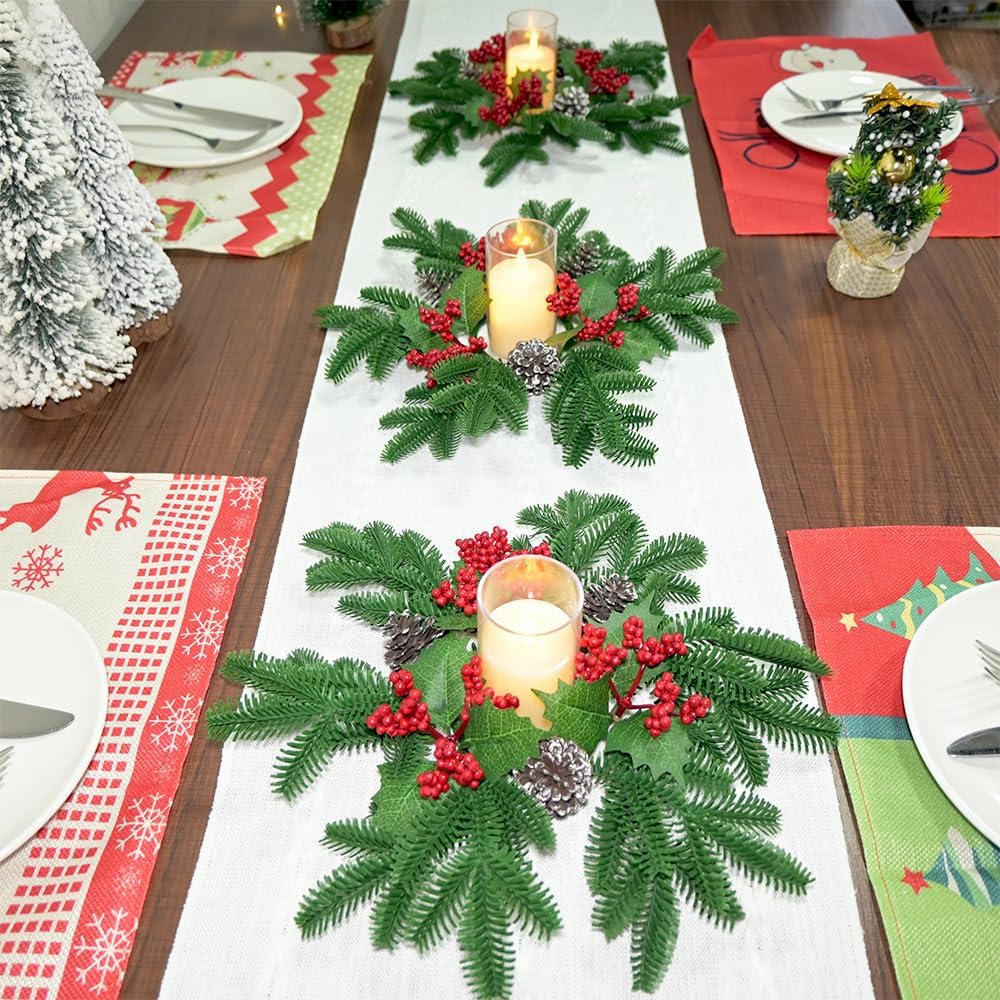 Skiennix Christmas Small Wreaths - 3Pcs 13.5-Inch Greenery Pine Candle Holder Rings for Home Decor