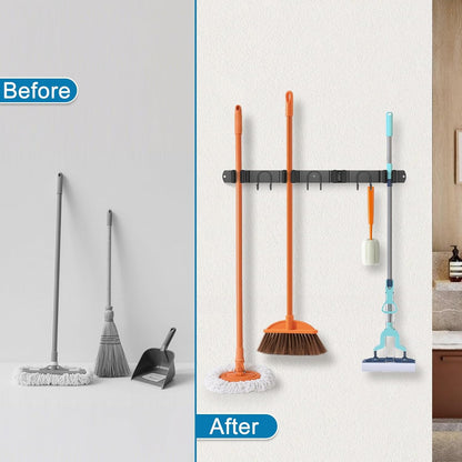 Skiennix Broom Holder Wall Mount - Stainless Steel Mop Hanger with 4 Slots & 6 Hooks | Black 1-Pack for Home Organization