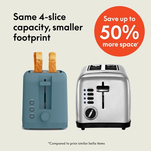 Bella 4-Slice Slim Toaster - 10” Long Slot with 6 Shade Settings & Reheat Function | Anti-Jam, Auto Shutoff, Surf Color