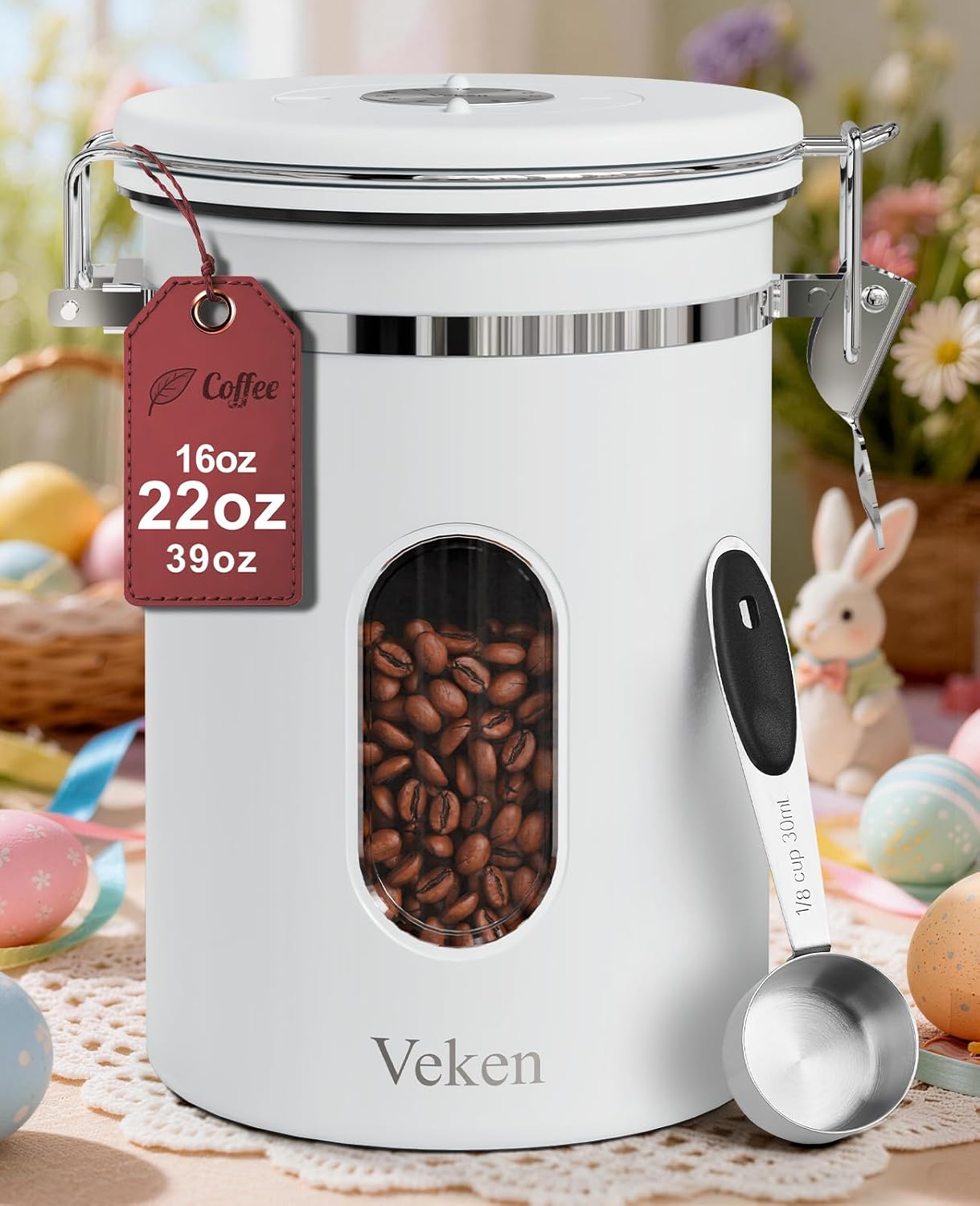 Veken Coffee Canister - Airtight Stainless Steel Container with Window | 22oz White for Grounds, Beans, Tea, and More