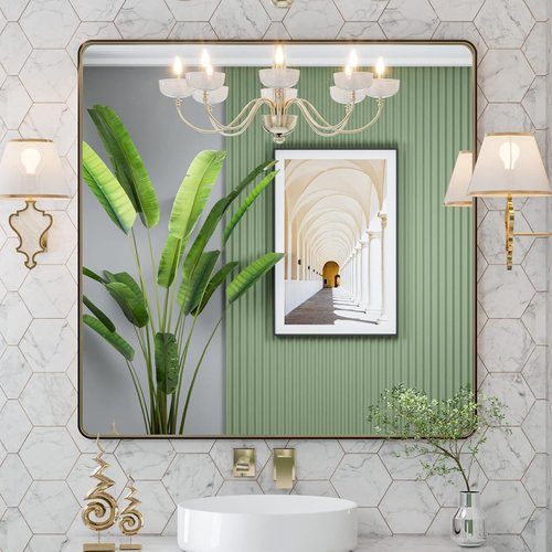 LOAAO Bronze Bathroom Mirror - 36”x36” Rounded Rectangle with Anti-Rust Brushed Metal Frame | Versatile Hanging Options