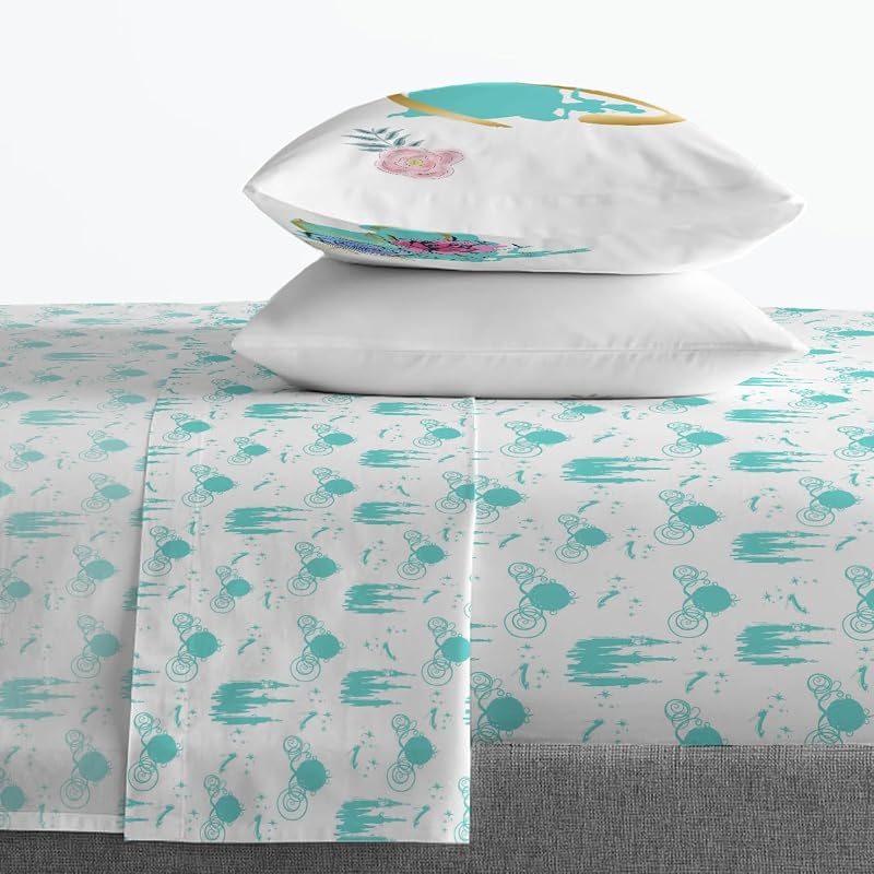 Princess Cinderella 4-Piece Queen Sheet Set - Ultra-Soft Blue Bedding with Fitted & Flat Sheets + Pillowcases (Variation: Blue - Princess Cinderella+4 Piece Queen)