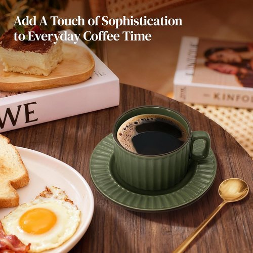 DOWAN Cappuccino Cup Set - 8 OZ Ceramic Coffee Mugs with Saucers | Elegant Ribbed Stoneware for Home & Café