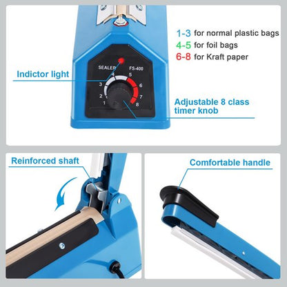16 Inch Impulse Heat Sealer Machine for Plastic Bags PE PP Bags and Kraft Paper Bag, Cookie Bag Sealer, Manual Poly Bag Hot Seal Sealing Machine with Extra Replace Element Grip