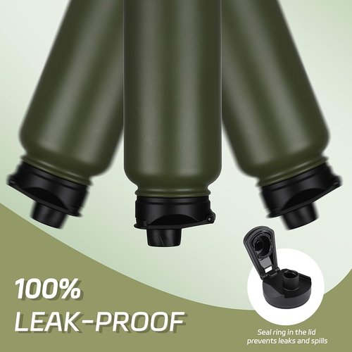 HASLE OUTFITTERS 32 oz Insulated Stainless Steel Water Bottle - Double Walled with 2 Lids for Gym & Hiking (Army Green)