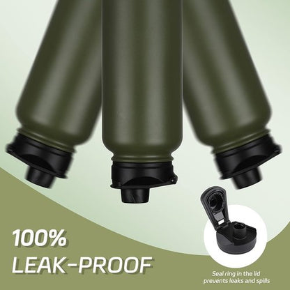 HASLE OUTFITTERS 32 oz Insulated Stainless Steel Water Bottle - Double Walled with 2 Lids for Gym & Hiking (Army Green)