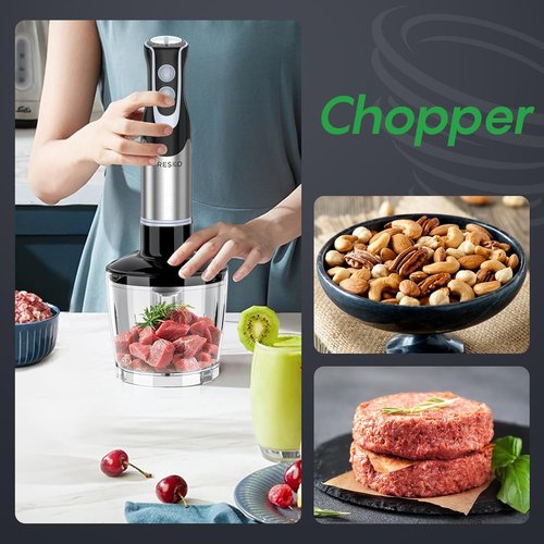 FRESKO Immersion Blender - 4-in-1 Handheld Electric Mixer with 12 Speeds & Turbo Mode | 500W Stainless Steel
