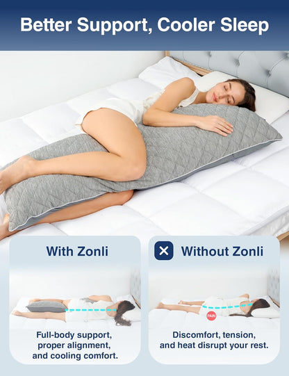 ZonLi Cooling Body Pillow - Memory Foam Insert for Side Sleepers & Pregnancy | 20 x 54 Inch, Grey with Washable Case