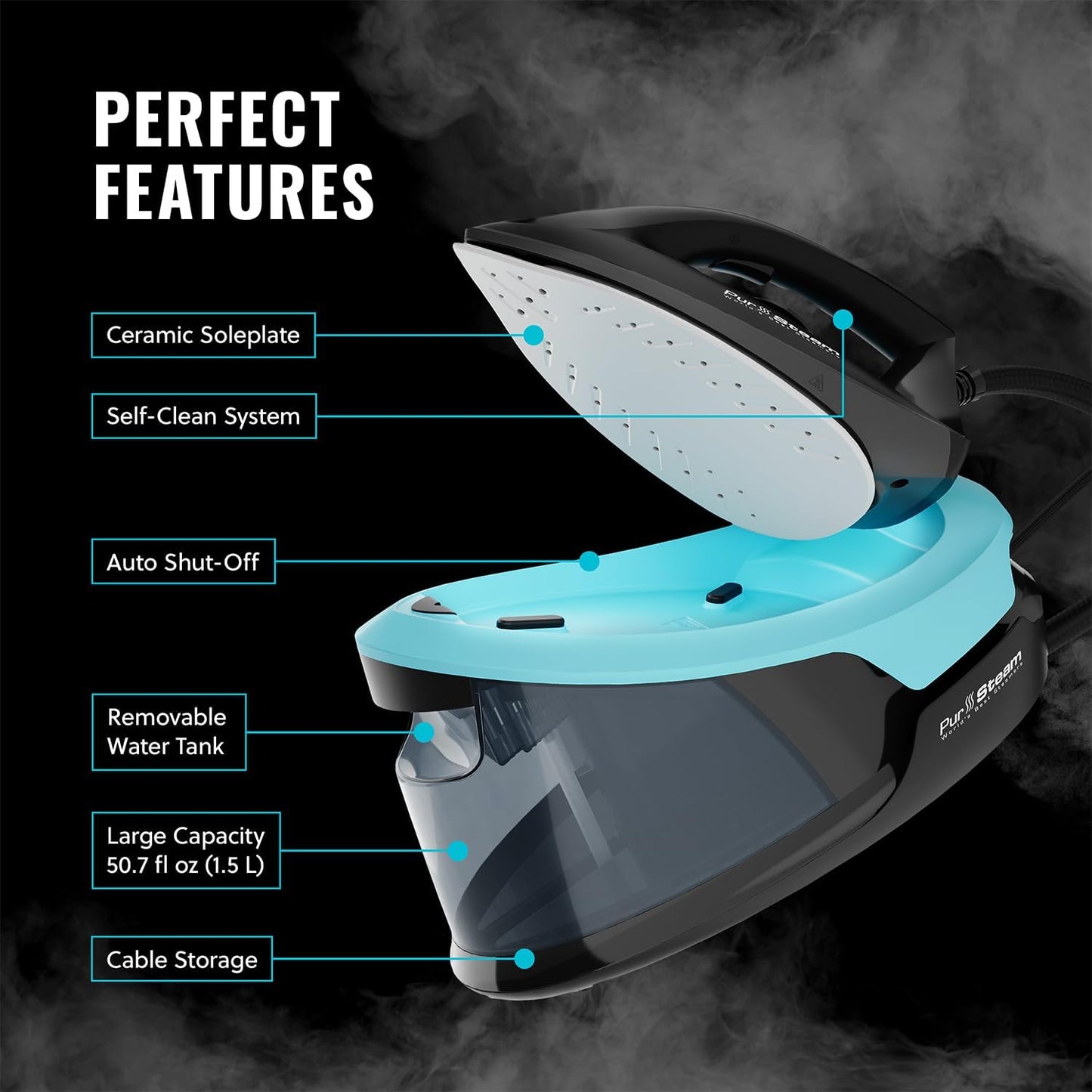 Pursteam Steam Station - Max Ceramic Soleplate Steam Iron | 1500W, 50.7oz Tank, Fast Heat-Up, Auto Shut-Off