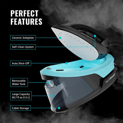 Pursteam Steam Station - Max Ceramic Soleplate Steam Iron | 1500W, 50.7oz Tank, Fast Heat-Up, Auto Shut-Off