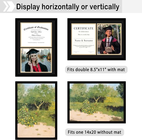 JCJMY Double Diploma Frame Set - Classic Black & Gold | Fits 8.5x11 with Mat or 14x20 Without Mat, 2 Pack
