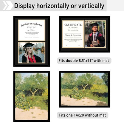 JCJMY Double Diploma Frame Set - Classic Black & Gold | Fits 8.5x11 with Mat or 14x20 Without Mat, 2 Pack