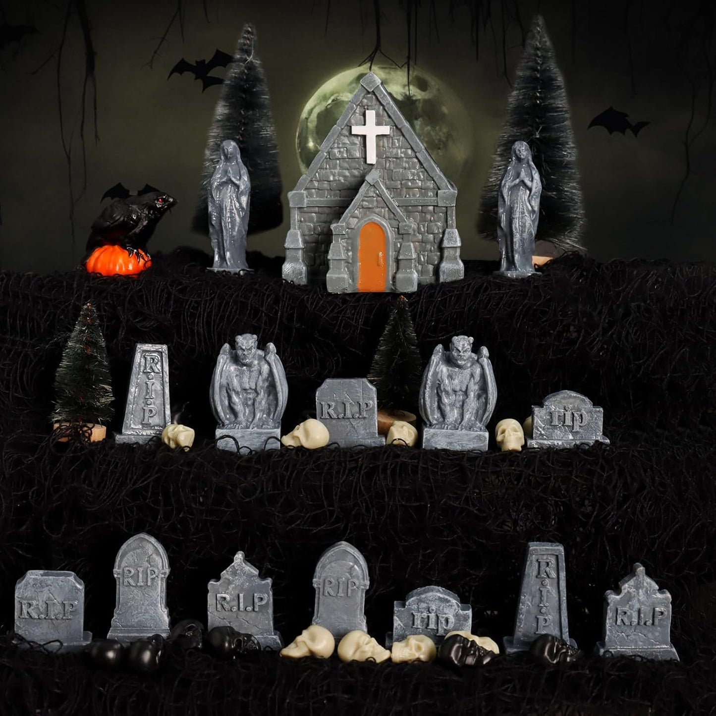 Rileryan Miniature Church Tombstones - 15 PCS Gargoyle Virgin Figurines for Halloween Decor