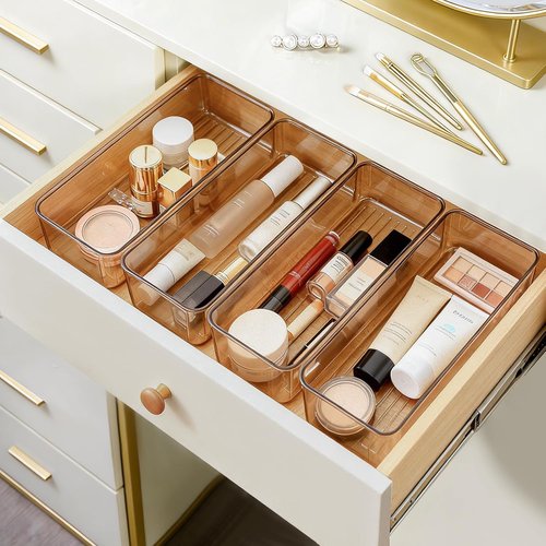 Hudgan Clear Plastic Drawer Organizers Set - Stackable Deep Organizers for Makeup & Desk | 8 Pack, 2 Sizes