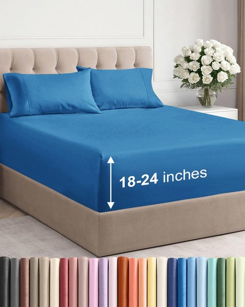 Extra Deep Twin XL Sheet Set - 4 Piece Breathable and Cooling Sheets - Hotel Luxury Bedding for Women, Men, Kids & Teens - Easy & Secure Fit - Soft and Wrinkle Free - Extra Deep Pockets - Denim Blue