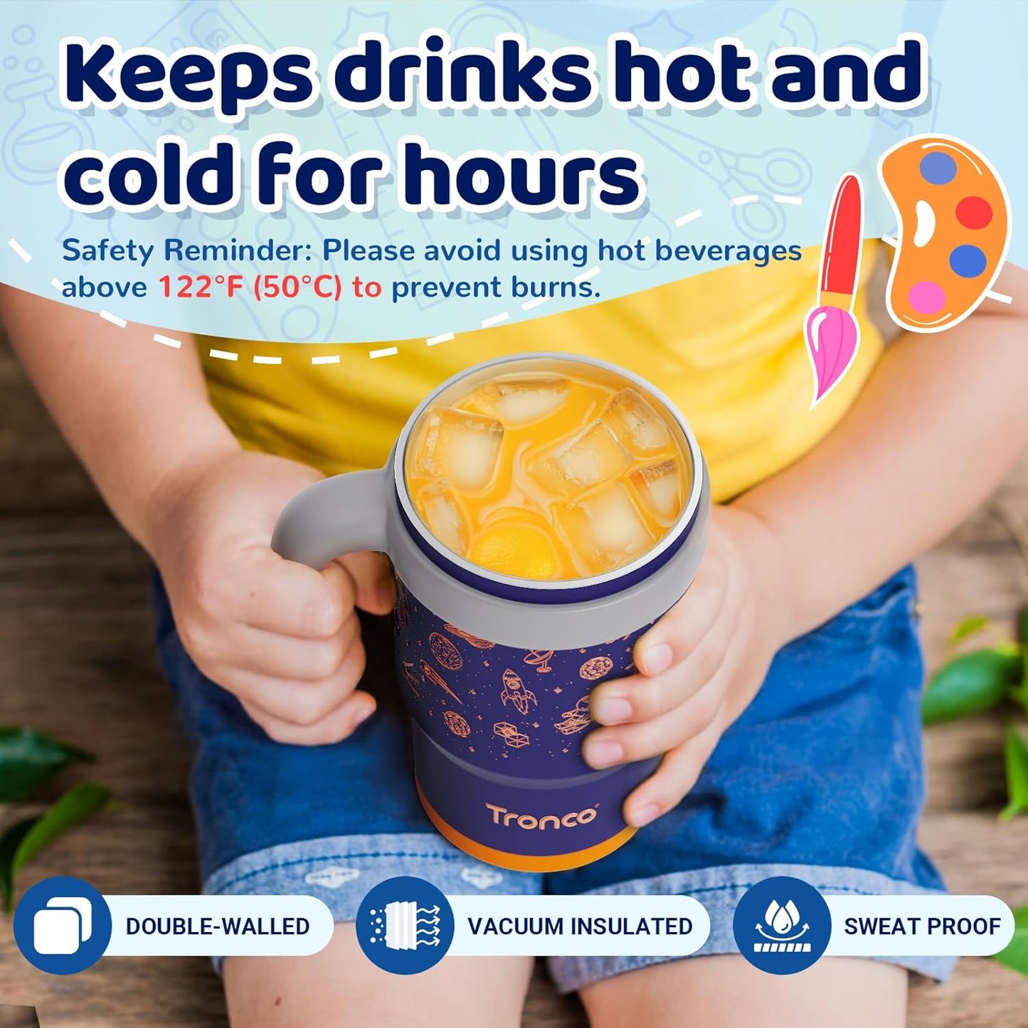 Tronco Kids Insulated Tumbler - 14 oz BPA-Free Stainless Steel Cup with Handle & Flexible Straw