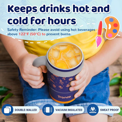 Tronco Kids Insulated Tumbler - 14 oz BPA-Free Stainless Steel Cup with Handle & Flexible Straw
