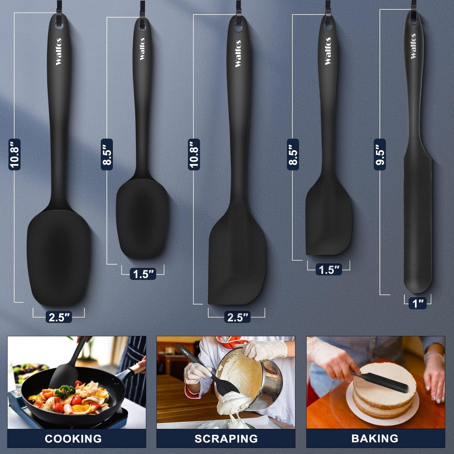 Walfos Silicone Spatula Set of 5 - High Heat Resistant (600°F) Kitchen Scrapers | BPA Free, Dishwasher Safe, Black
