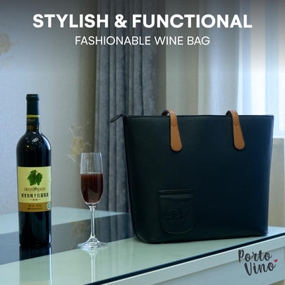 PortoVino Classic Tote Bag - Vegan Leather Wine Purse with Hidden Spout and Dispenser Flask for Wine Lovers that Holds and Pours 2 bottles of Wine! For Traveling, Concerts, Bachelorette Party - Black