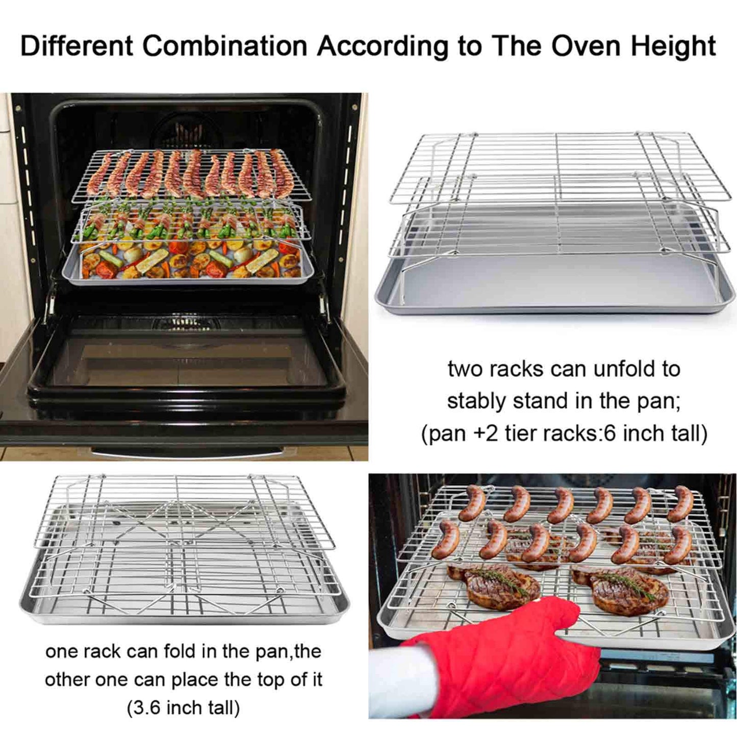 TeamFar Baking Sheet with Rack Set(2 Pans & 2 Tier Racks), Stainless Steel Cookies Sheet Baking Pans & Cooling Roasting Rack for Cookie Bacon Meat, Oven & Dishwasher Safe, Healthy & Stackable