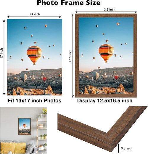 JCJMY 13x17 Picture Frame - Brown Wall Mount for Horizontal or Vertical Display | Shatter-Resistant Plexiglass
