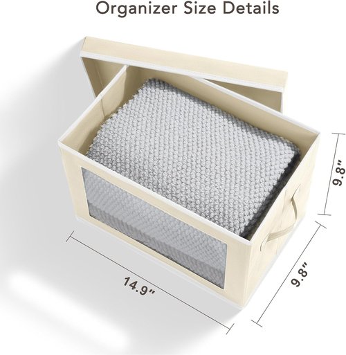 Homsorout Storage Cubes - 5 Pack Foldable Clear Window Bins with Lids | Large Beige Decorative Containers for Clothes & Blankets
