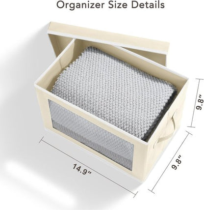 Homsorout Storage Cubes - 5 Pack Foldable Clear Window Bins with Lids | Large Beige Decorative Containers for Clothes & Blankets