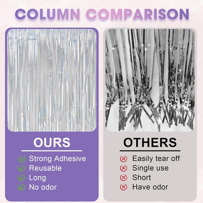 Voircoloria Laser Silver Foil Fringe Backdrop Curtains - 3 Pack 3.3x8.2 Feet for Parties & Events