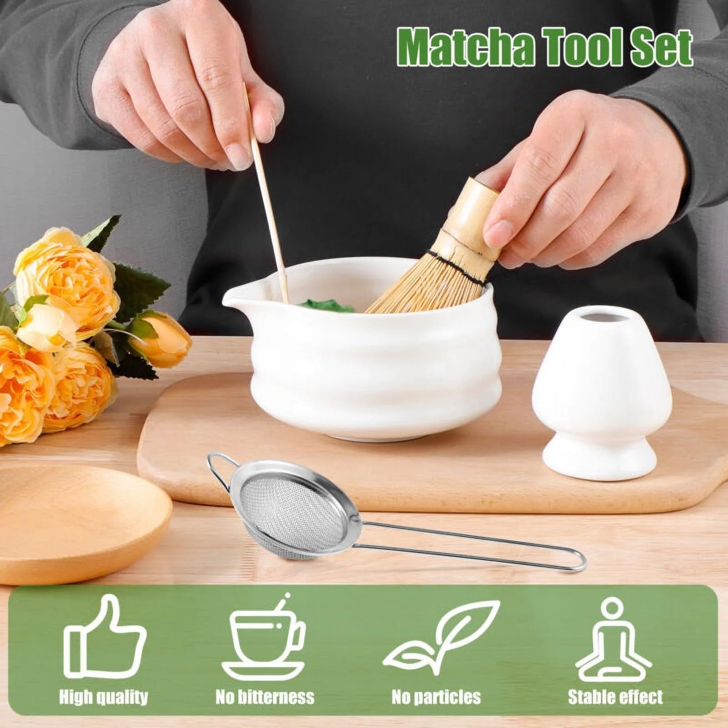 TOPCHANCES 7-Piece Elegant Matcha Kit: Bowl, Whisk, Scoop, Sifter, Towel - Perfect Set for Matcha Enthusiasts