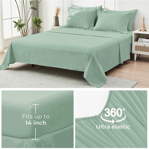HYMOKEGE Sage Green King Size Comforter Set Seersucker 7 Pieces, All Season Luxury Bed in a Bag for Bedroom, Bedding Set with Comforters, Sheets, Pillowcases & Shams